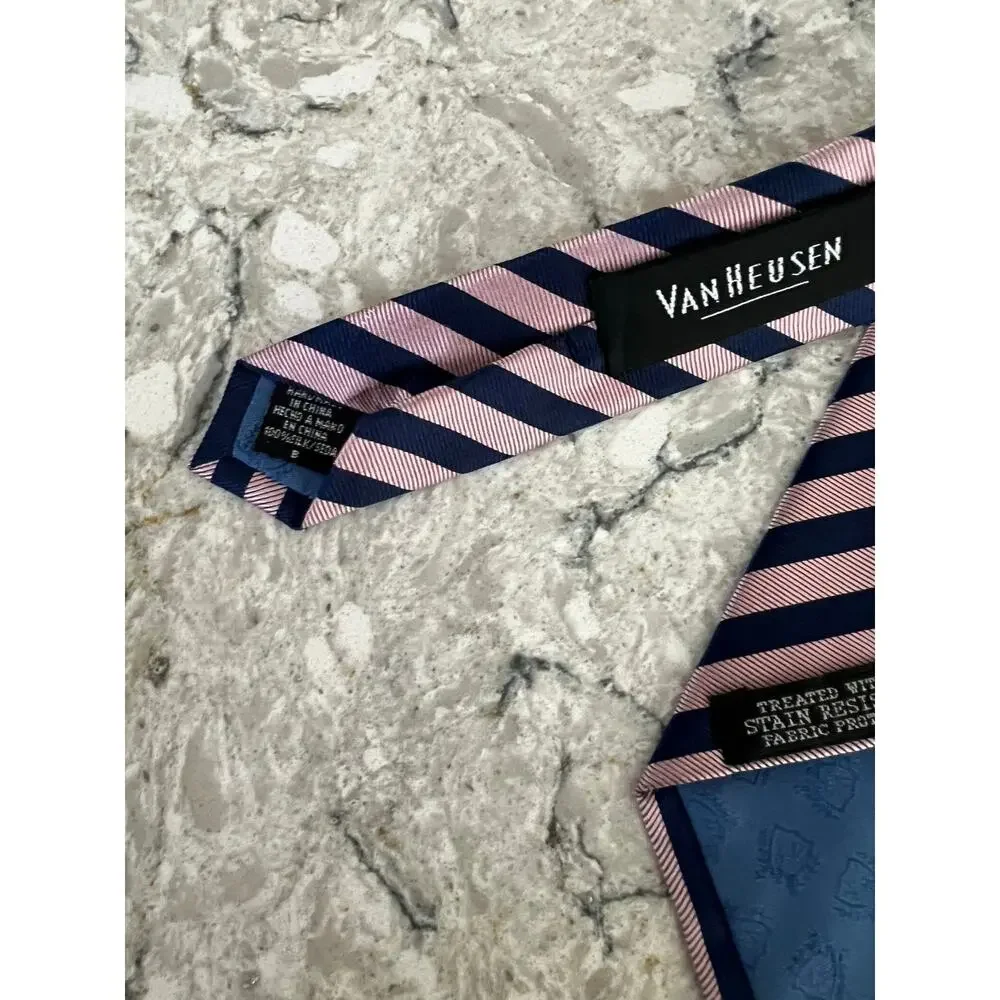 Van Heusen 100% Silk Men's Neck Tie Pink w Navy Blue Stripes JL